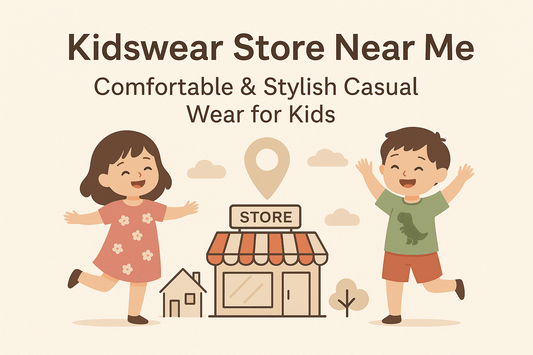 Kidswear Store Near Me: Happy kids in casual wear outside a kidswear store with playful expressions.