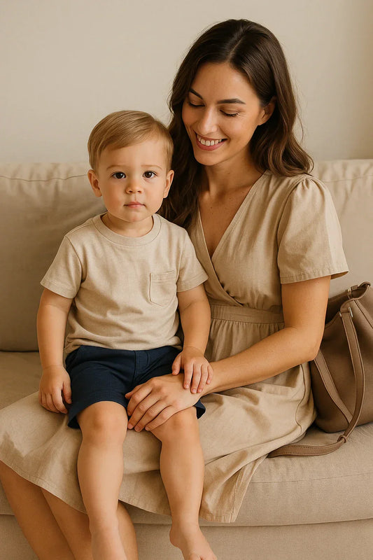 Mother sitting with her toddler in a kidswear collection outfit, showcasing parenting with style and comfort in a cozy, modern setting.