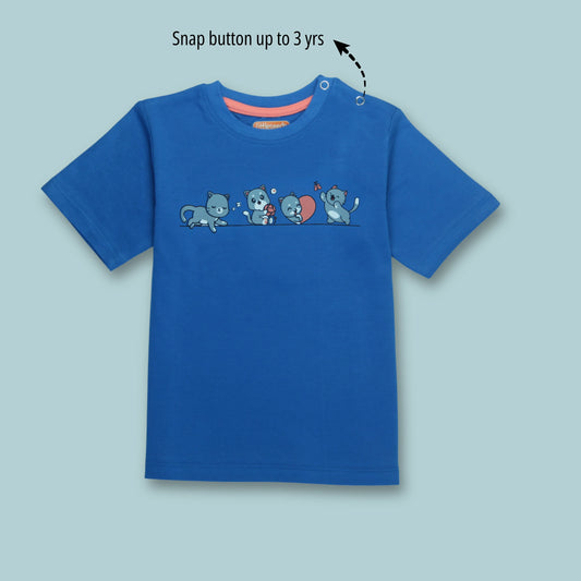 Boys Cotton Half Sleeve T-Shirt with Cat Print – Royal Blue | Littleseeds™ Kidswear