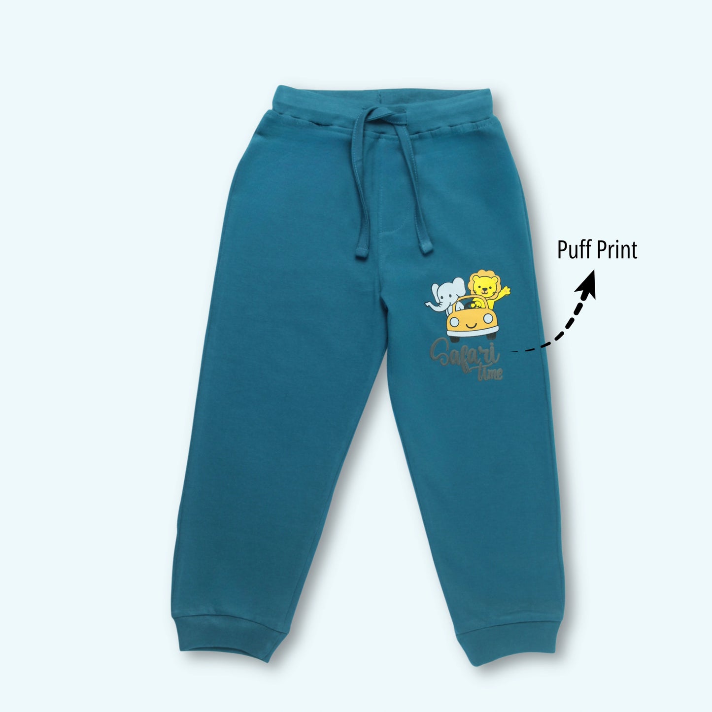 Boys Cotton Joggers with Animal Print & Tape Detailing (Set of 2) – Teal Green, Royal Blue | Littleseeds™ Kidswear