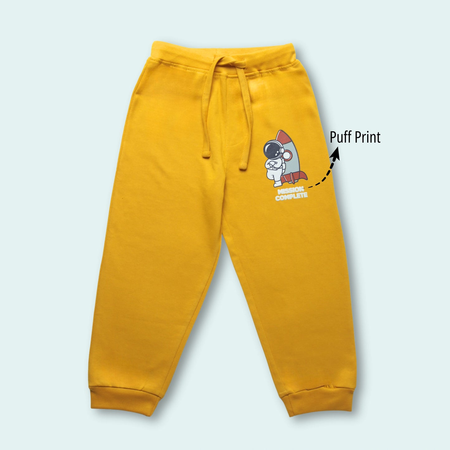 Boys Cotton Joggers with Astronaut Print & Tape Detailing (Set of 2) – Golden, Red | Littleseeds™ Kidswear