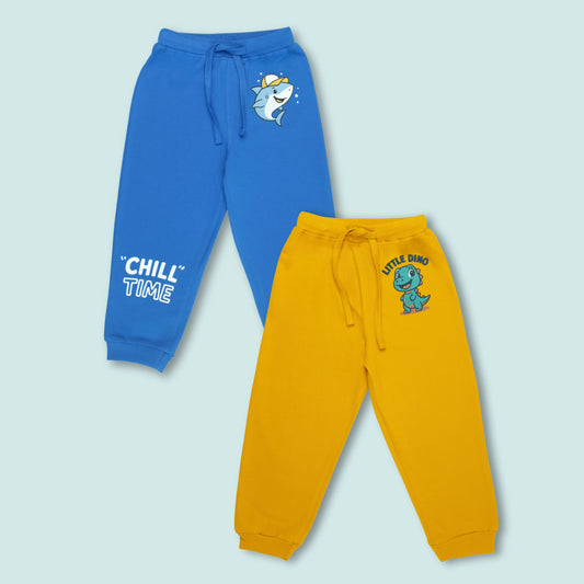 Boys Cotton Joggers with Dino & Shark Print (Set of 2) – Golden, Royal Blue | Littleseeds™ Kidswear