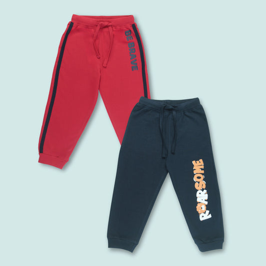 Boys Cotton Joggers with Text Print & Tape Detailing (Set of 2) – Navy, Red | Littleseeds™ Kidswear