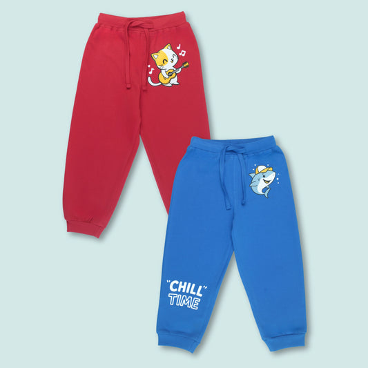 Boys Cotton Joggers with Cat & Shark Print (Set of 2) – Red, Royal Blue | Littleseeds™ Kidswear