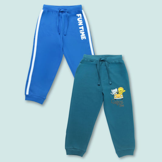 Boys Cotton Joggers with Animal Print & Tape Detailing (Set of 2) – Teal Green, Royal Blue | Littleseeds™ Kidswear