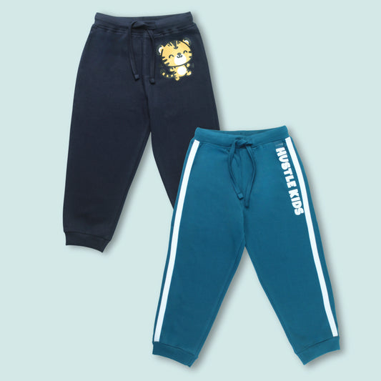 Boys Cotton Joggers with Animal Print & Tape Detailing (Set of 2) – Navy, Teal Green | Littleseeds™ Kidswear