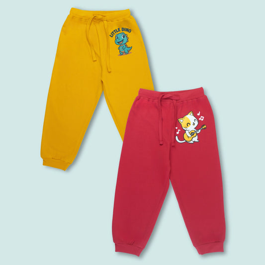 Boys Cotton Joggers with Cat & Dino Print (Set of 2) – Red, Golden | Littleseeds™ Kidswear