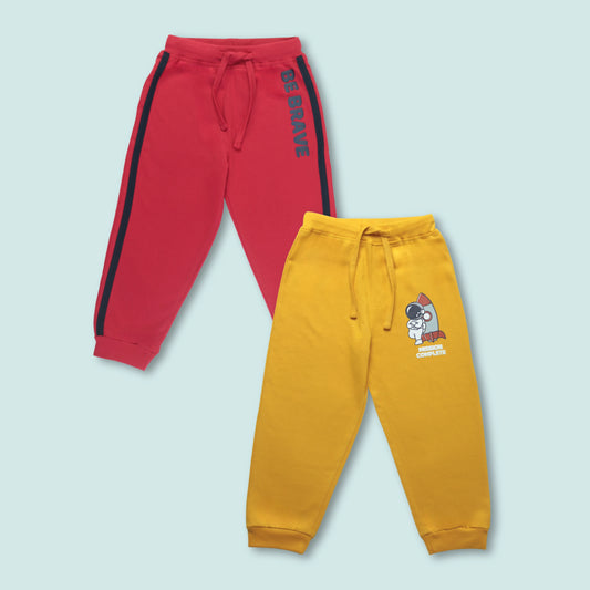 Boys Cotton Joggers with Astronaut Print & Tape Detailing (Set of 2) – Golden, Red | Littleseeds™ Kidswear