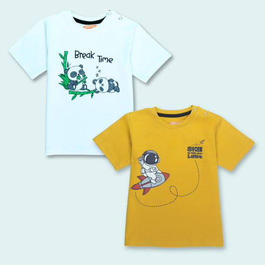 Premium baby clothes for boys – cotton half sleeve T-shirt combo set with panda and astronaut prints in white and golden from Littleseeds™ Kidswear