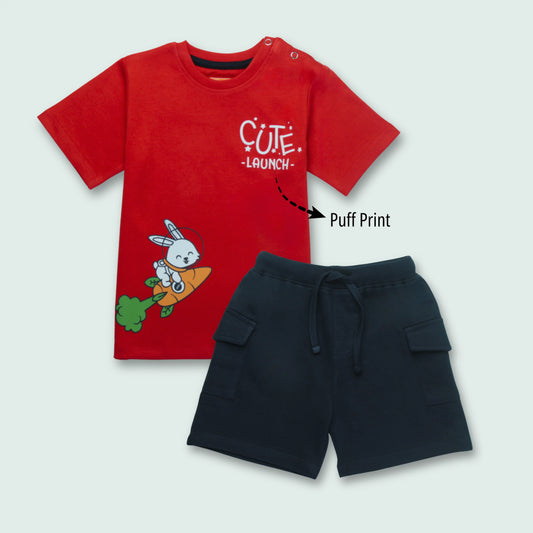 Adorable baby clothes for boys – cotton half sleeve T-shirt and navy shorts set with cute rabbit print in red and navy from Littleseeds™