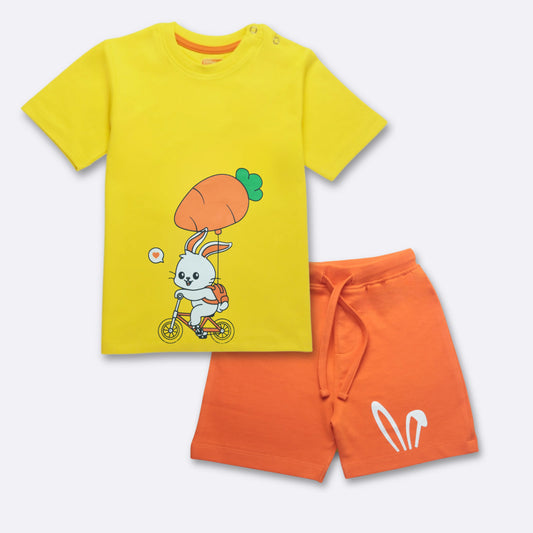 Adorable baby clothes for boys – cotton half sleeve T-shirt and orange shorts set with cute rabbit print from Littleseeds™ Kidswear