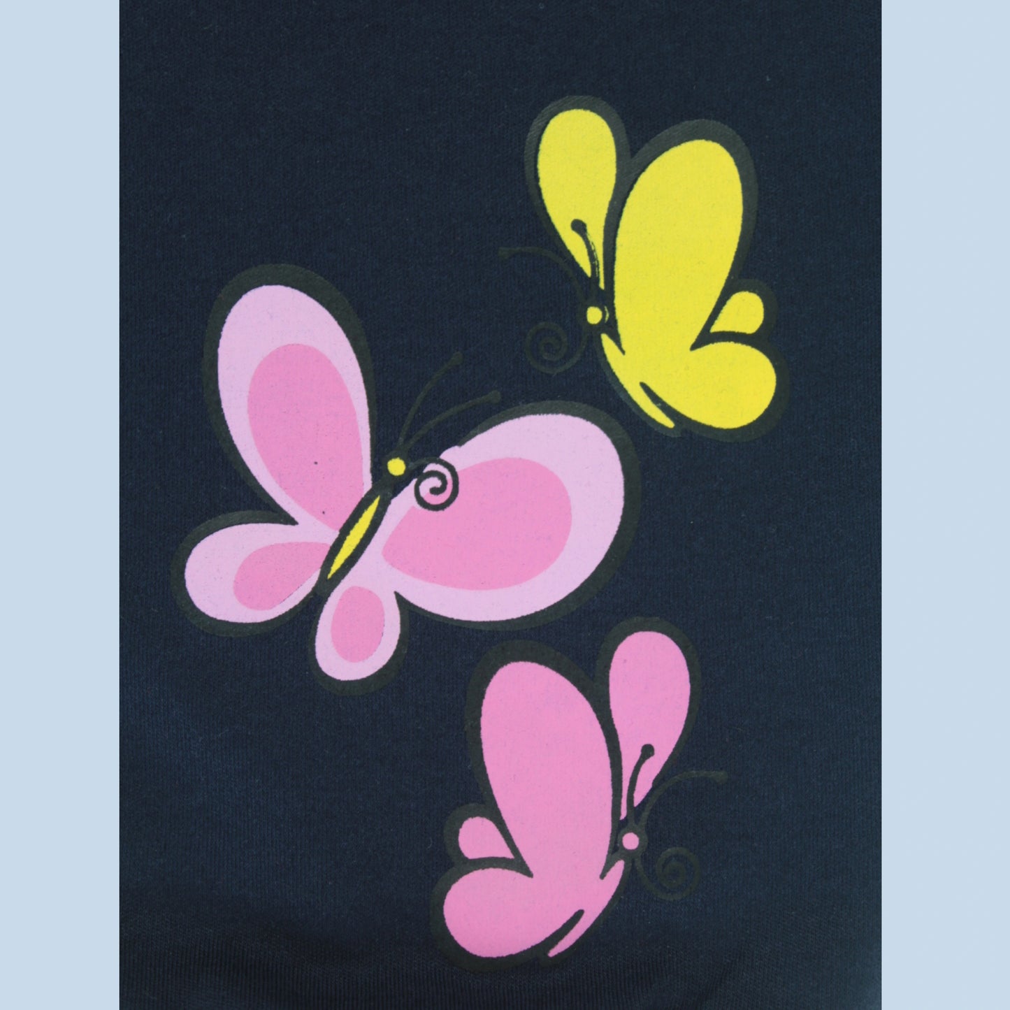 Close-up of butterfly print and soft cotton fabric on navy joggers – premium comfort baby clothes for girls