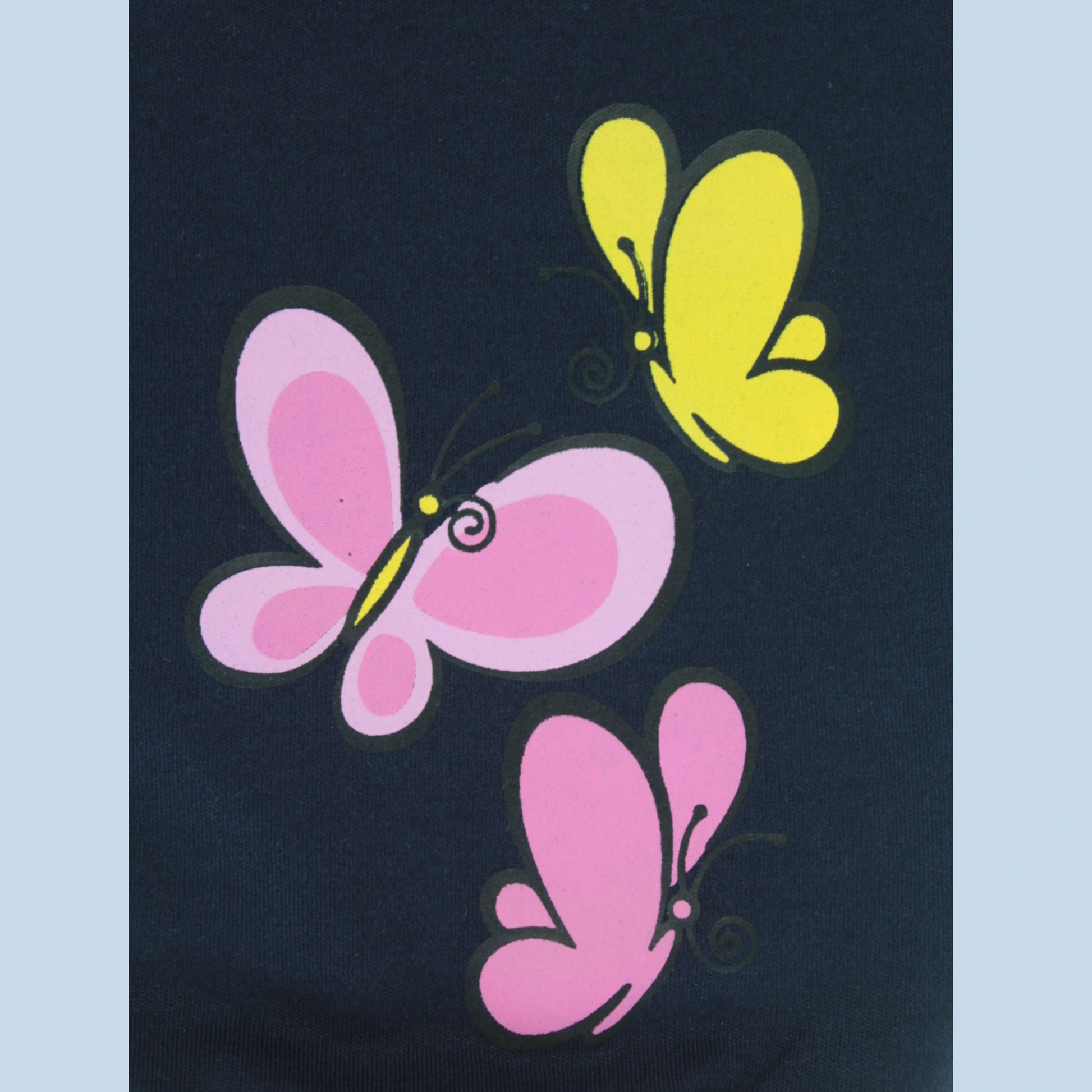 Close-up of butterfly print and soft cotton fabric on navy joggers – premium comfort baby clothes for girls