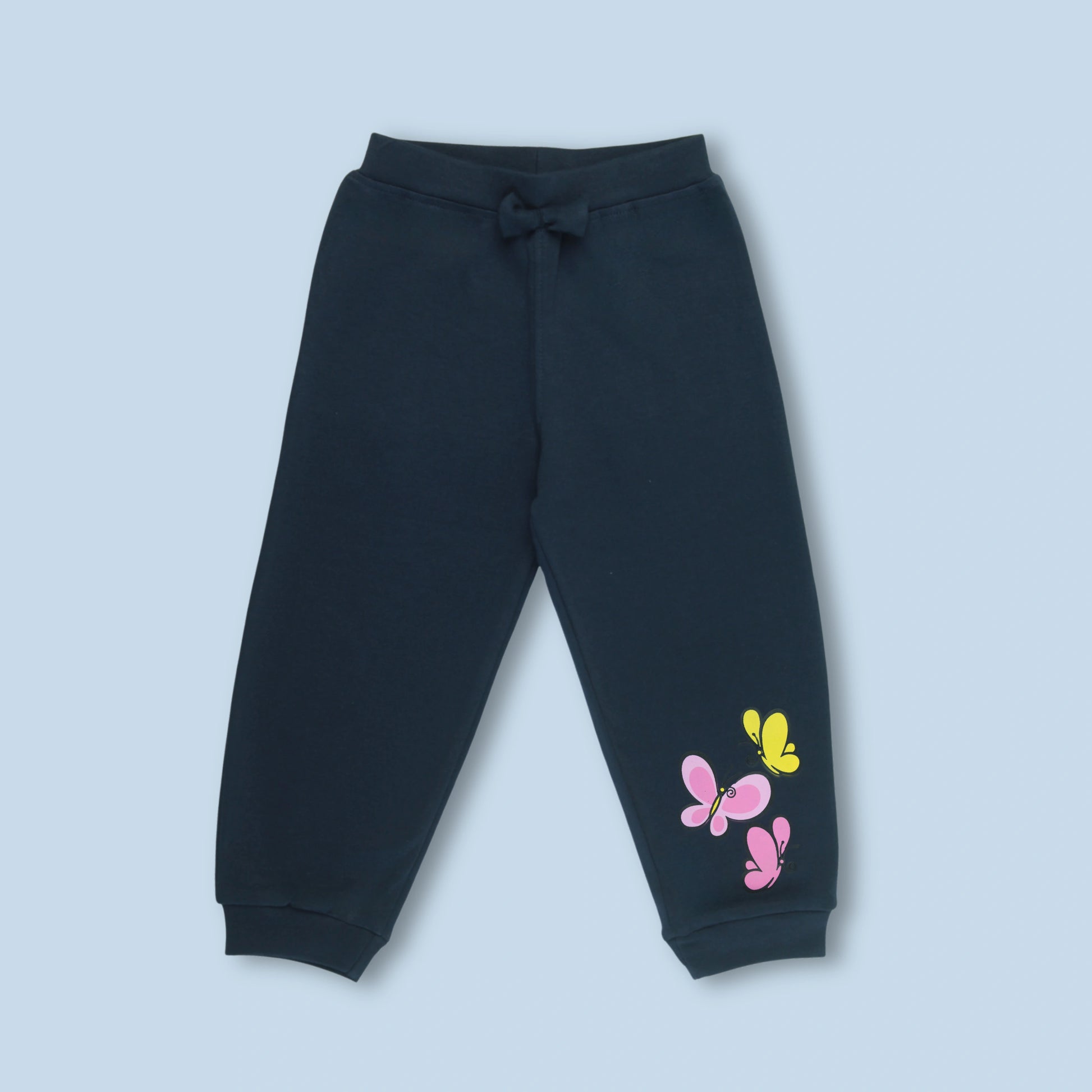 Front view of navy cotton joggers with butterfly print – adorable and soft baby clothes for girls