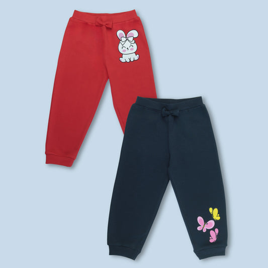 Set of 2 girls cotton joggers in red and navy with rabbit and butterfly print – stylish and comfy baby clothes for girls