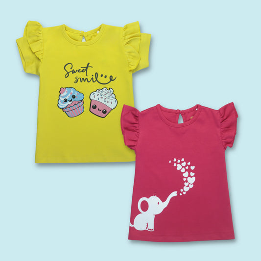 Combo image of two cotton half sleeve T-shirts with elephant and cupcake print in dark pink and yellow – premium baby clothes for girls by Littleseeds.