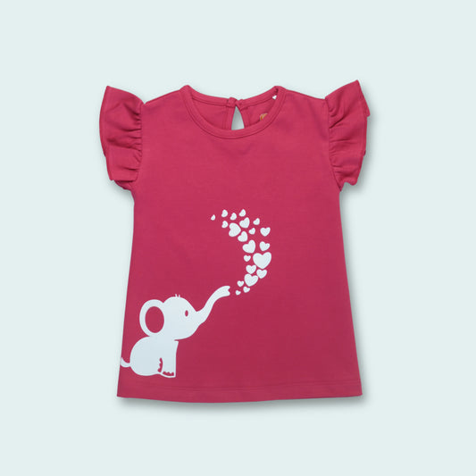Front view of baby clothes for girls – dark pink cotton frill sleeve T-shirt with cute elephant print from Littleseeds.