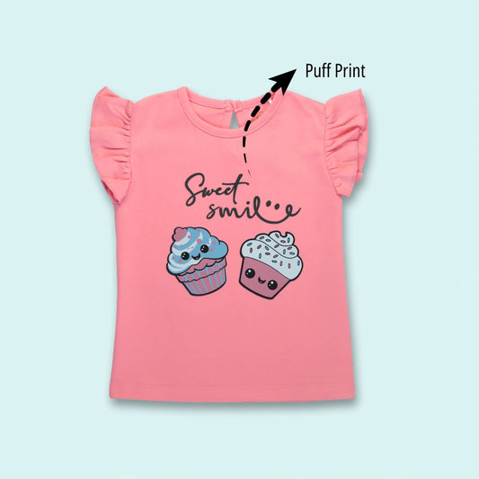 "Front view of pink cotton frill sleeve T-shirt with cupcake print – soft and stylish baby clothes for girls from Littleseeds.