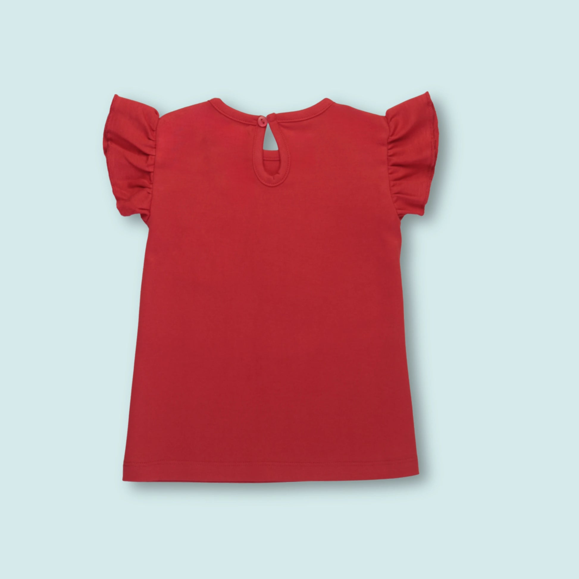 Back view of red cotton half sleeve unicorn print T-shirt – comfortable and breathable baby clothes for girls.