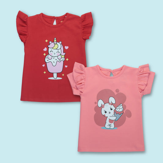 Set of 2 girls cotton half sleeve T-shirts in red and pink with unicorn and rabbit prints – adorable baby clothes for girls from Littleseeds.