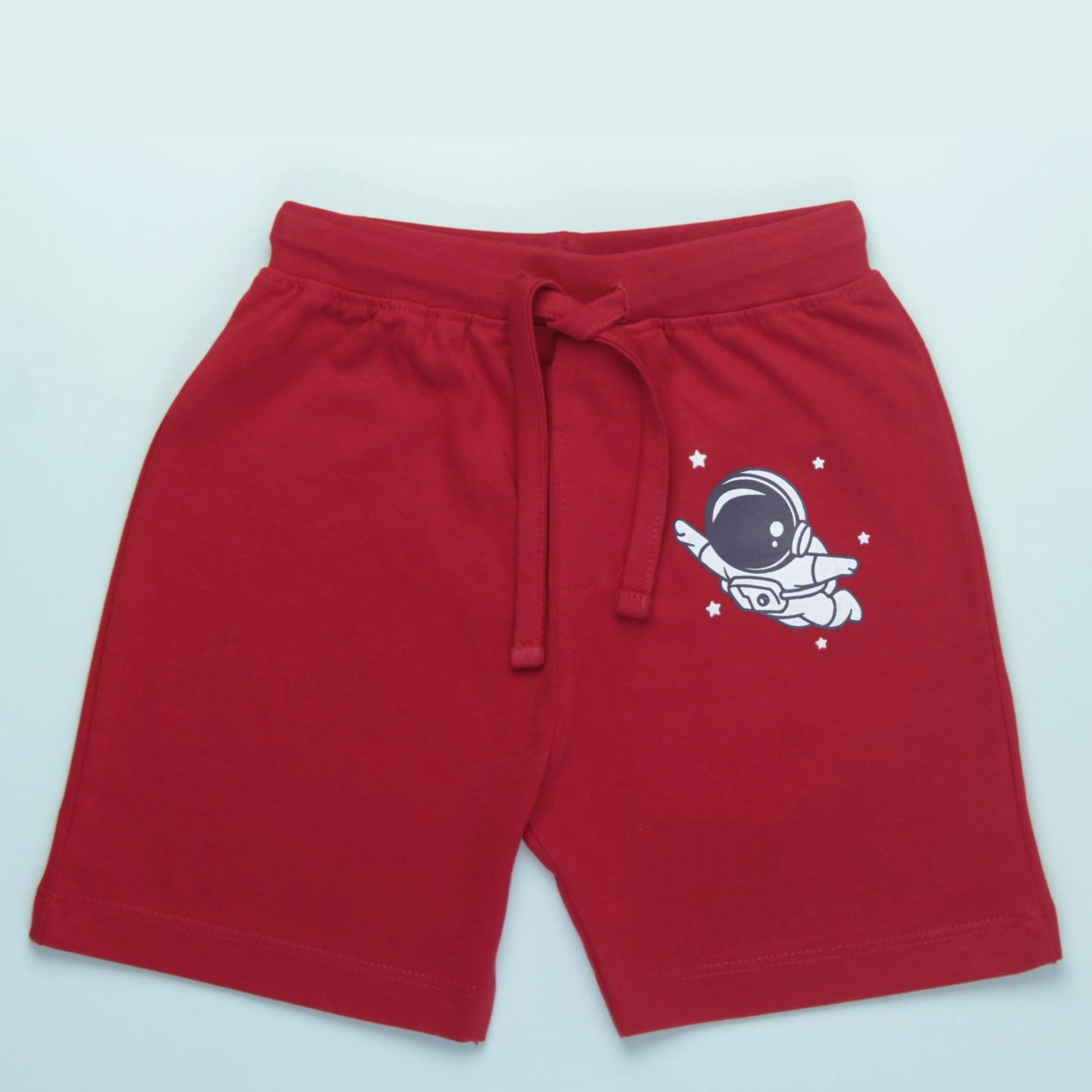 Vibrant red boys cotton shorts with astronaut print, fun and durable choice from the best brands for kidswear – Littleseeds™