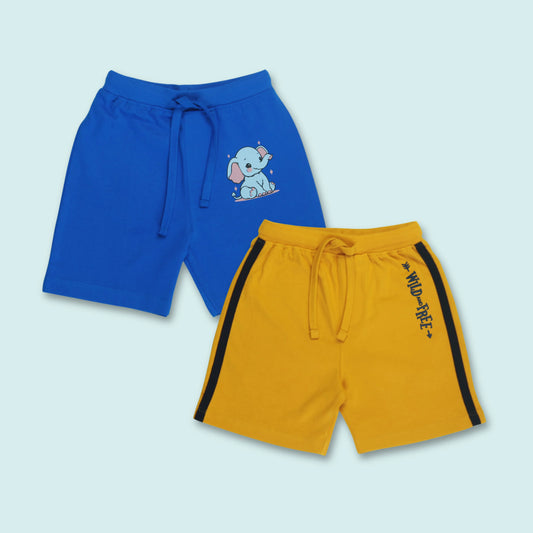 Set of 2 boys cotton infants shorts with tape detailing and elephant print in royal blue and yellow from best brands for kidswear – Littleseeds™