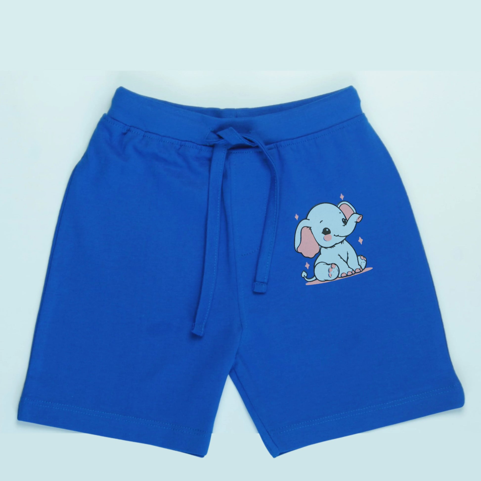 Front view of royal blue boys cotton infants shorts with cute elephant print and tape detailing from best brands for kidswear – Littleseeds™