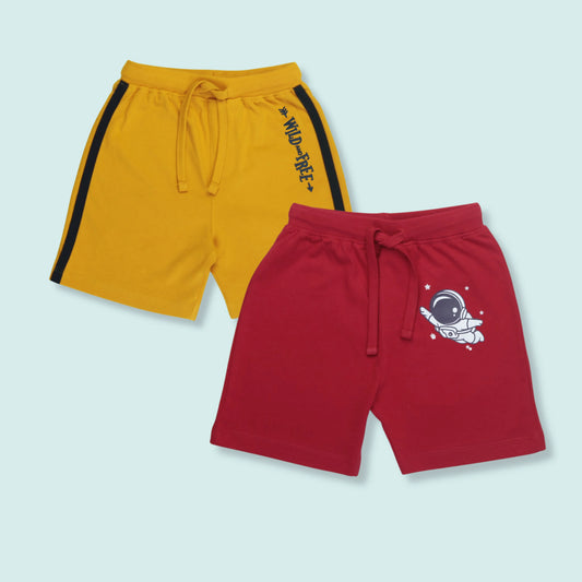 Premium boys' clothing cotton shorts set of 2 with astronaut print and tape detailing in yellow and red – Littleseeds™
