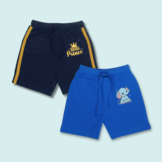 Set of 2 boys' clothing cotton shorts featuring elephant print and tape detailing in navy and royal blue from Littleseeds™