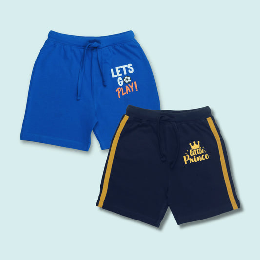 Set of 2 boys' clothing cotton shorts with text print and tape detailing in royal blue and navy – Littleseeds™