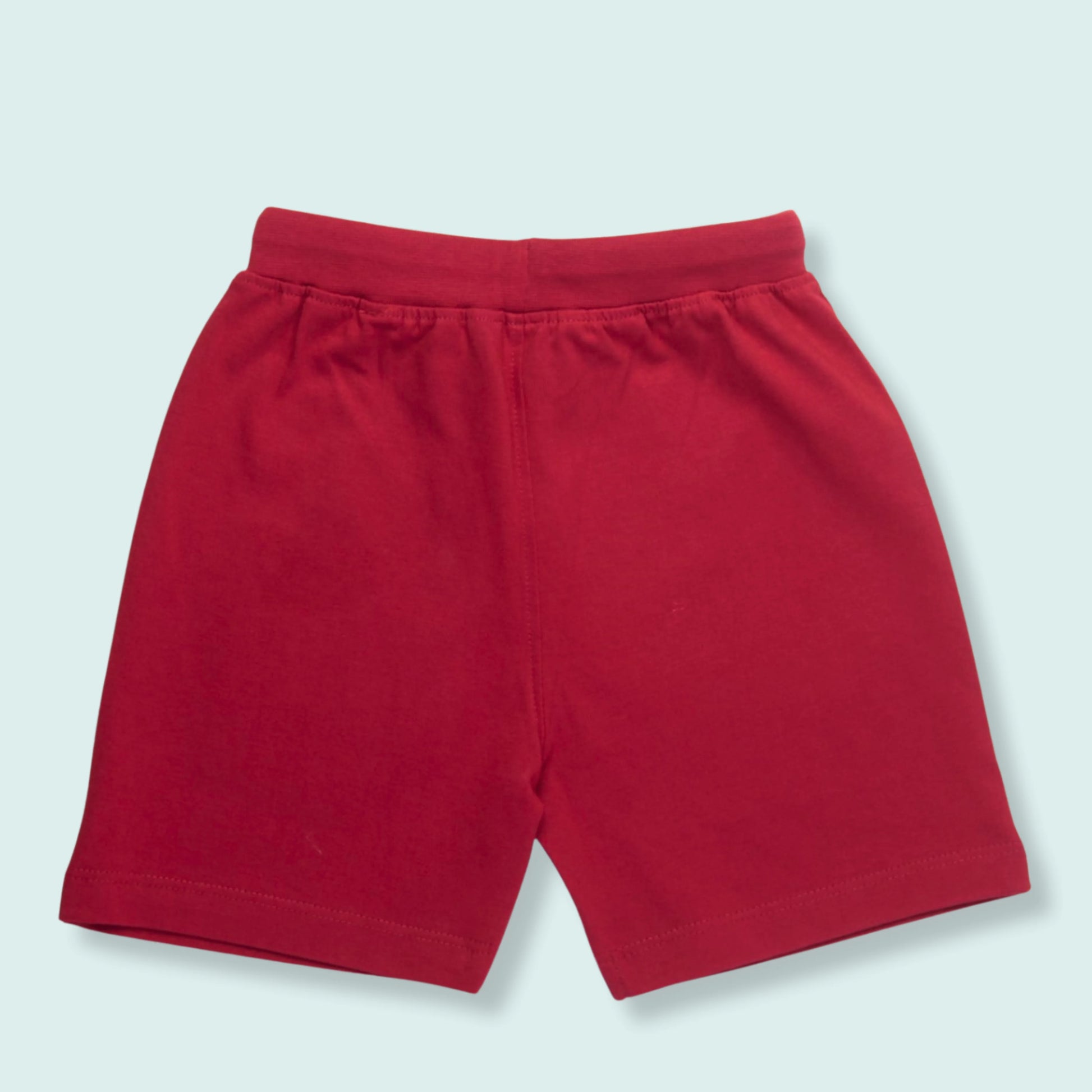 Soft and durable boys' clothing cotton shorts in red featuring astronaut print design, back view – Littleseeds™
