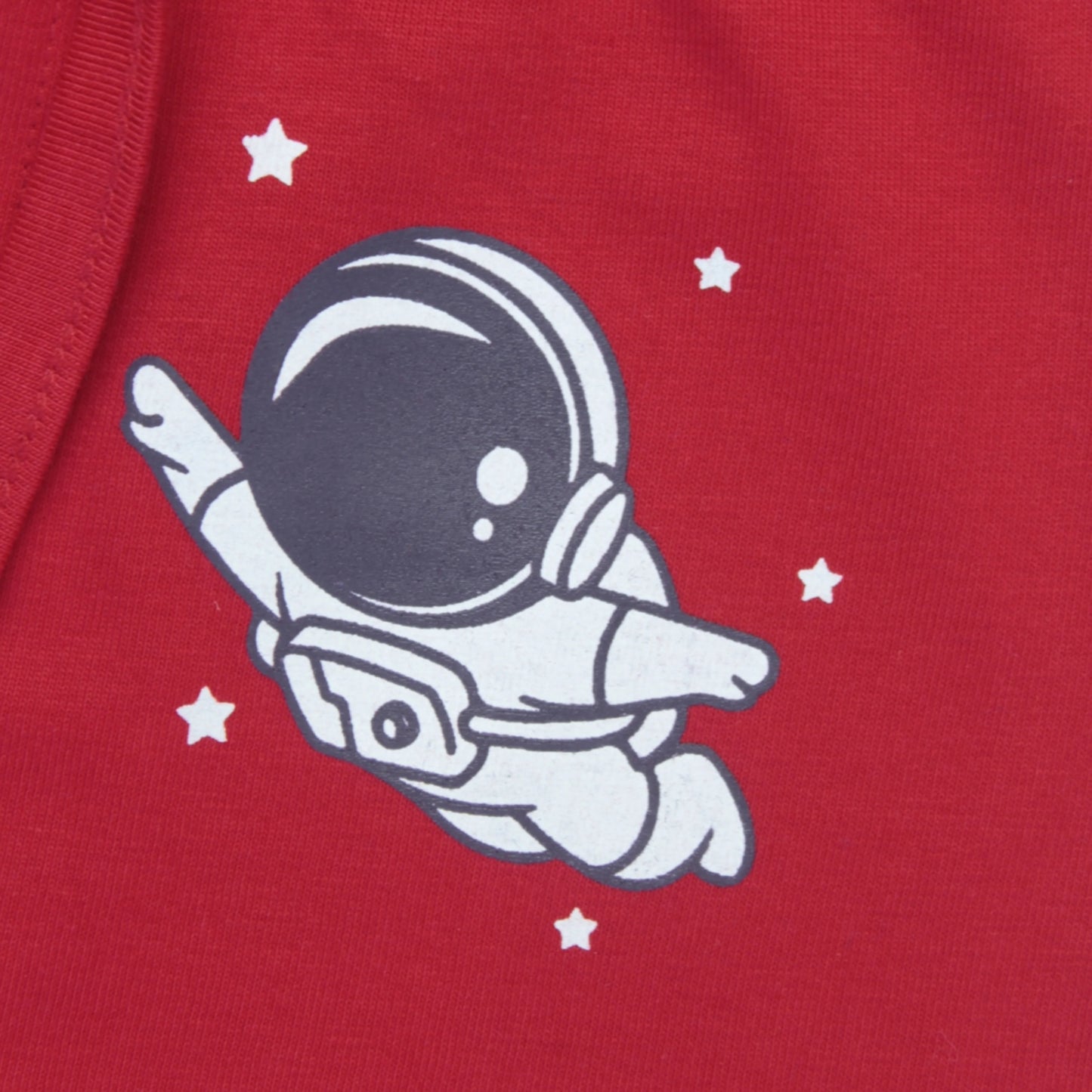 Boys' clothing – close-up of astronaut print on red cotton shorts from Littleseeds™ Kidswear