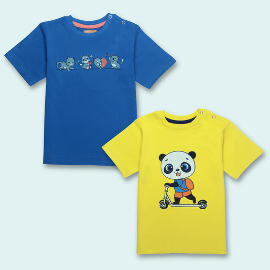 Set of 2 childrens t shirts with adorable cat and panda prints in royal blue and yellow – soft cotton half sleeve combo from Littleseeds™ Kidswear