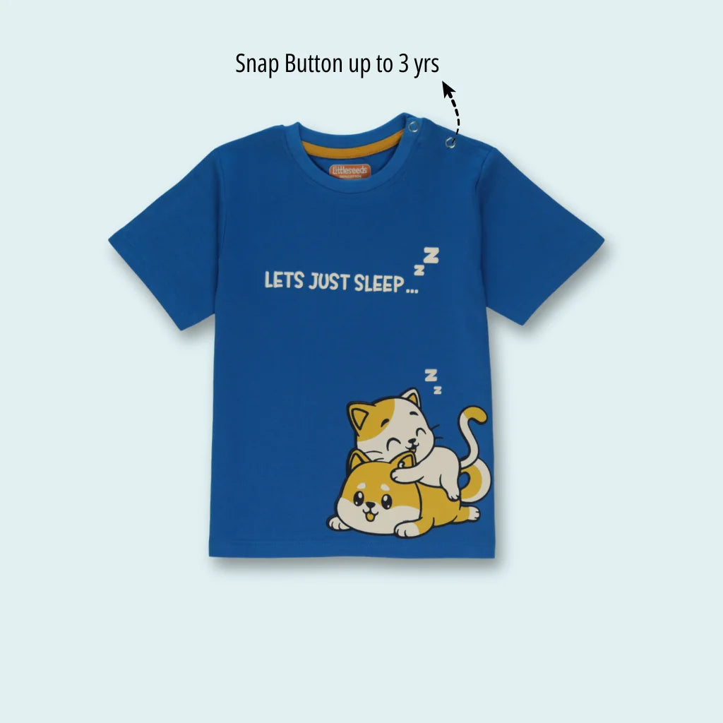 Soft cotton childrens T-shirt in royal blue with adorable cat print – front view showing lightweight and breathable design