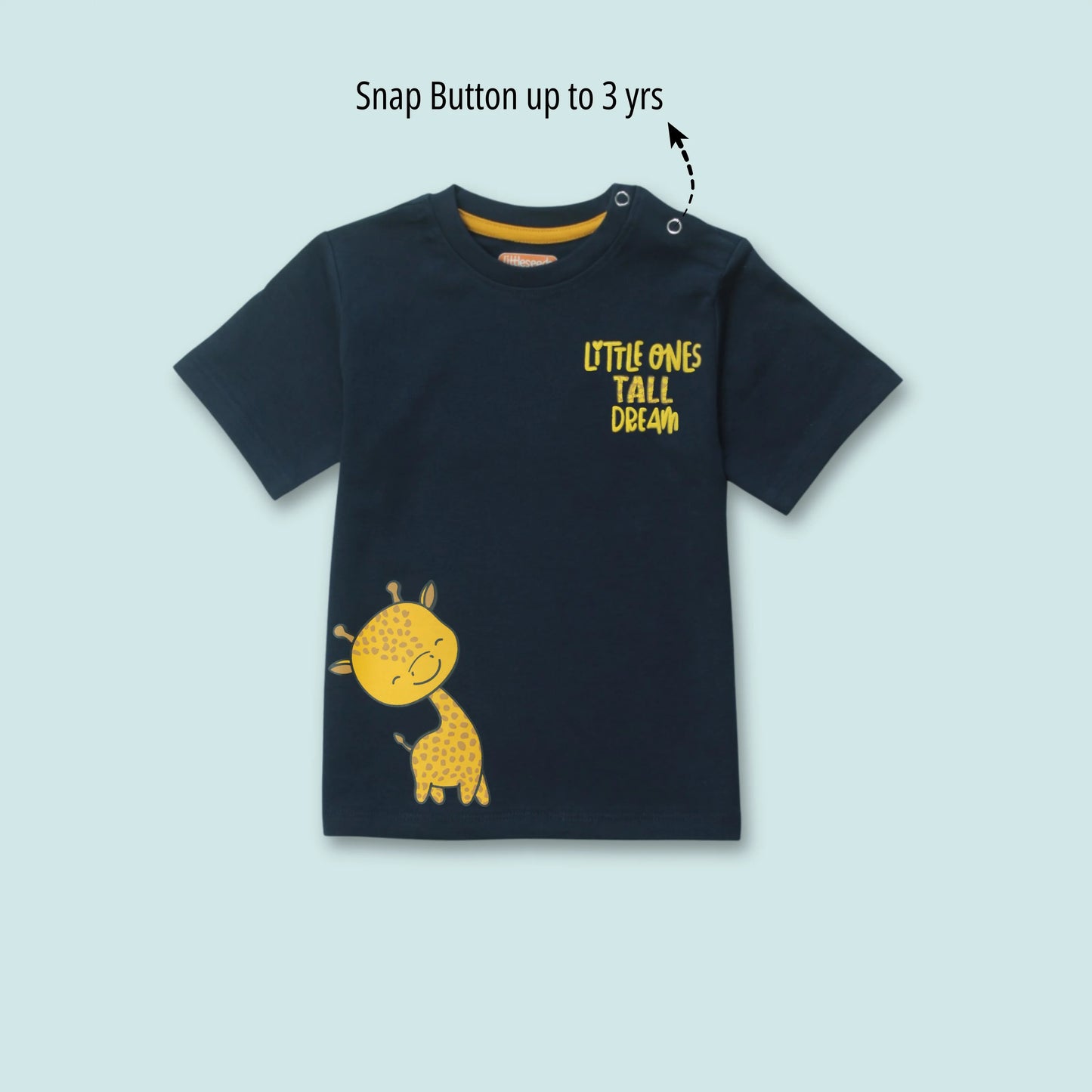Soft cotton childrens t shirt for infants featuring playful giraffe print in navy – half sleeve front view from Littleseeds™ Kidswear