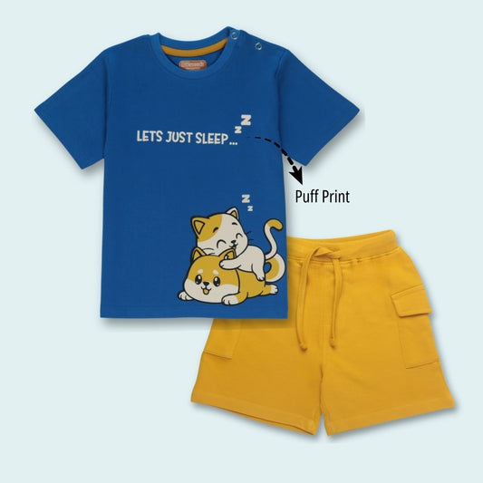 Premium childrens t shirts and infants shorts set with cute cat print – royal blue T-shirt and golden shorts combo from Littleseeds™ Kidswear