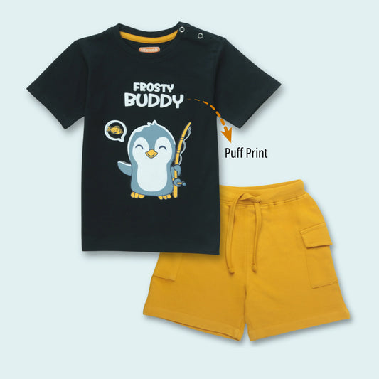 Boys cotton T-shirt and infants shorts set with cute penguin print in black and golden – perfect childrens clothing combo from Littleseeds™
