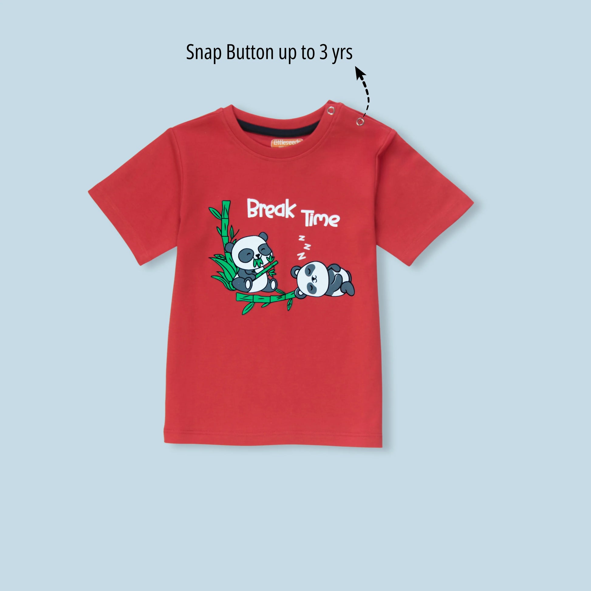 Soft cotton half sleeve childrens t shirt with adorable panda print in red – front view ideal for infants daily wear