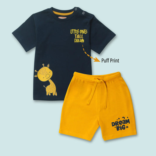 Comfortable childrens t shirts and shorts for infants set with cute giraffe print in navy and yellow – premium cotton combo from Littleseeds™