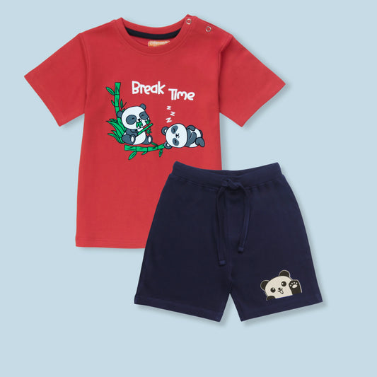 Boys cotton half sleeve childrens t shirts and shorts for infants set with cute panda print in red and navy – complete outfit combo by Littleseeds™ Kidswear
