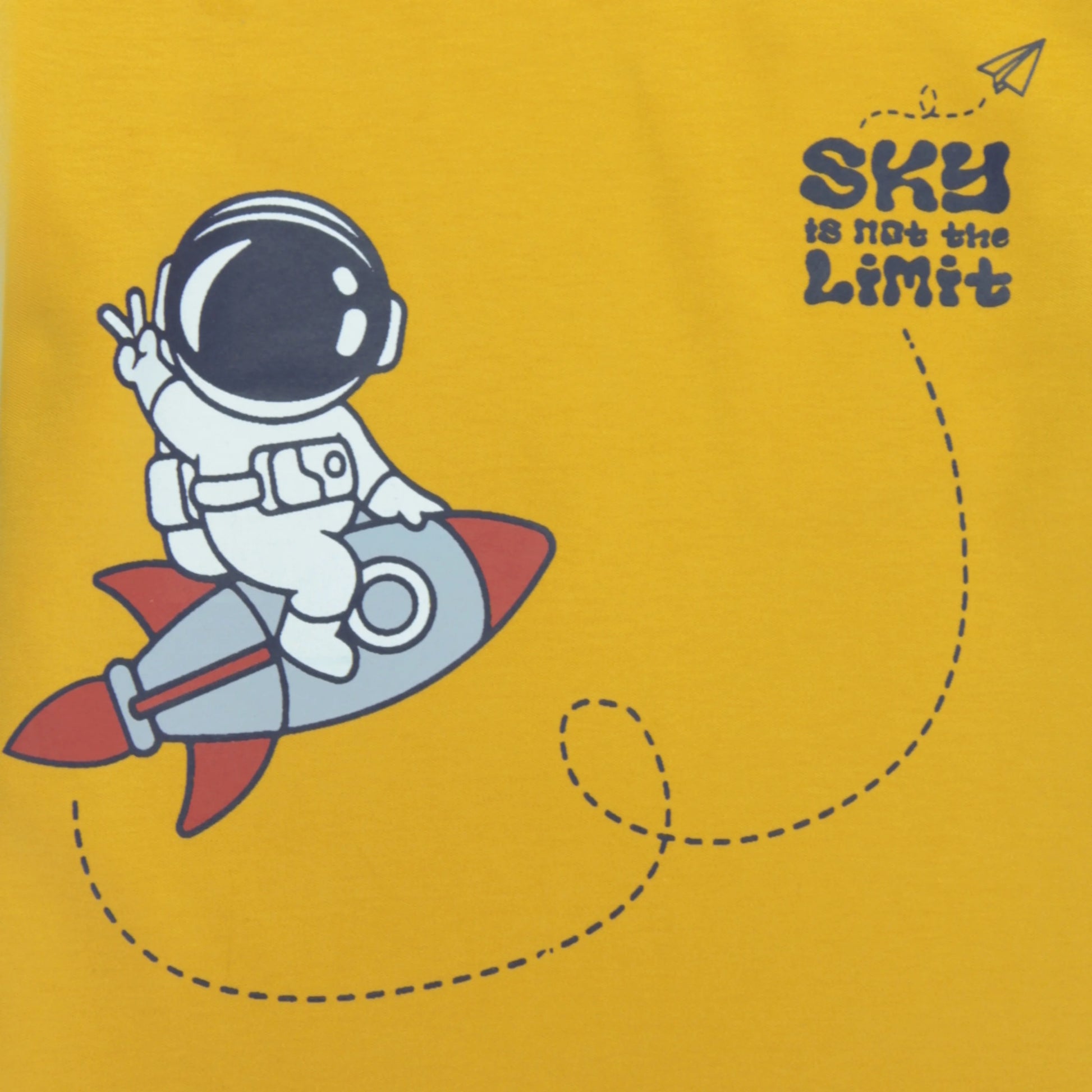 Close-up of astronaut print on golden cotton T-shirt – soft and durable clothing for infant by Littleseeds™.