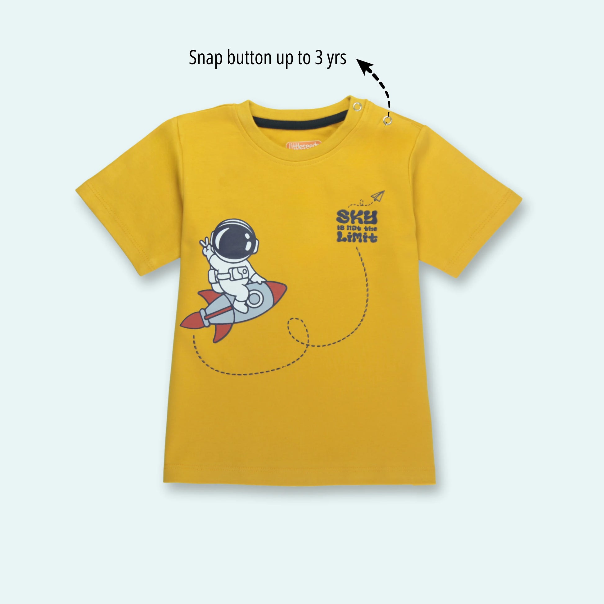 Soft cotton half sleeve boys T-shirt in golden with astronaut print – front view – premium clothing for infant by Littleseeds™.