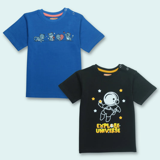 Soft cotton clothing for infant boys featuring a set of two half sleeve T-shirts with cat and astronaut prints in royal blue and black.