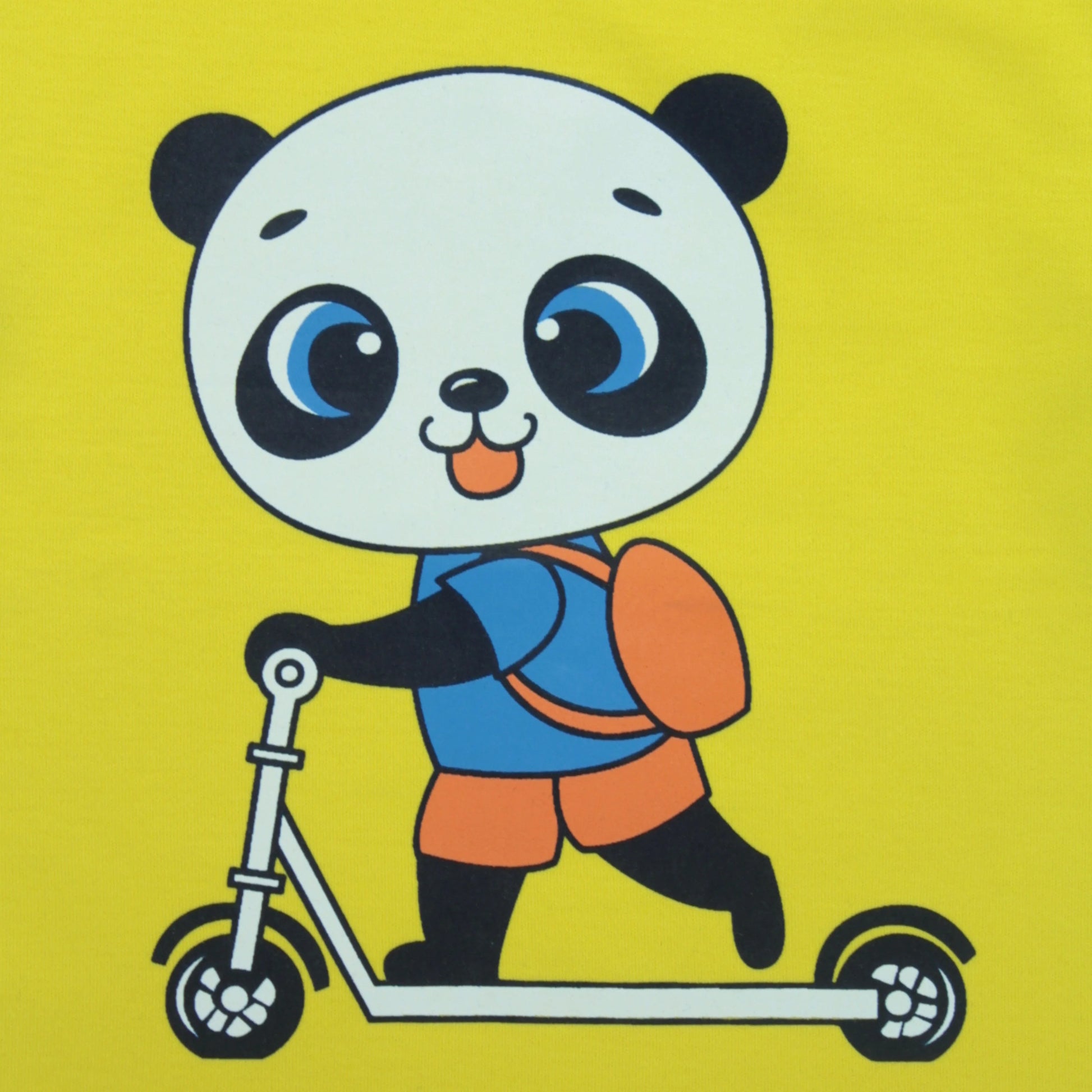 "Close-up detail of adorable panda placement print on boys cotton yellow T-shirt – premium quality clothing for infant.