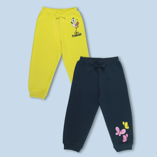 Set of 2 girls cotton joggers in yellow and navy with flamingo and butterfly print – stylish and comfy cute kidswear from Littleseeds
