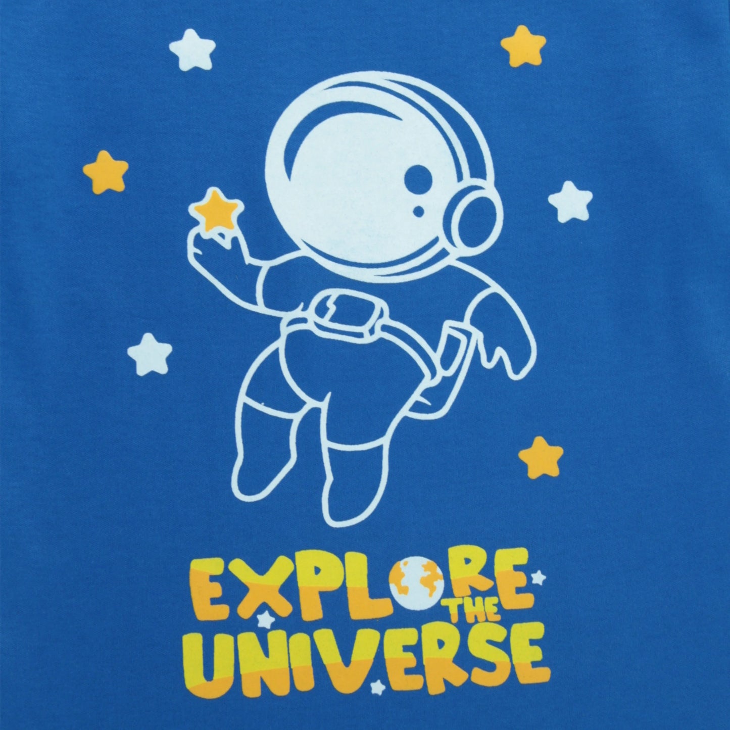 Close-up of astronaut print on boys cotton T-shirt under ₹500 – soft, durable fabric in royal blue from Littleseeds™.