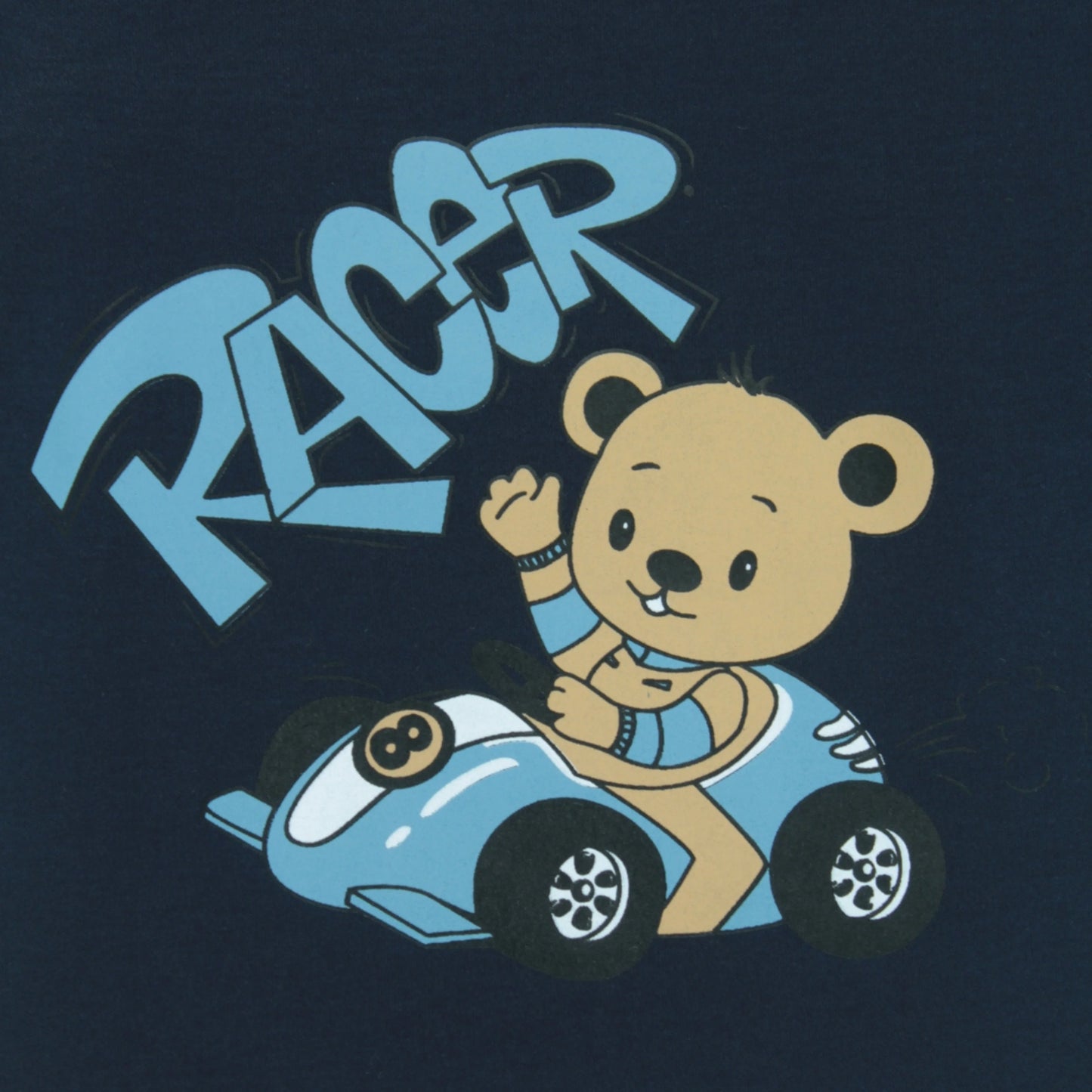Close-up of boys cotton T-shirt with adorable bear print – high-quality design and fabric under 500 from Littleseeds™