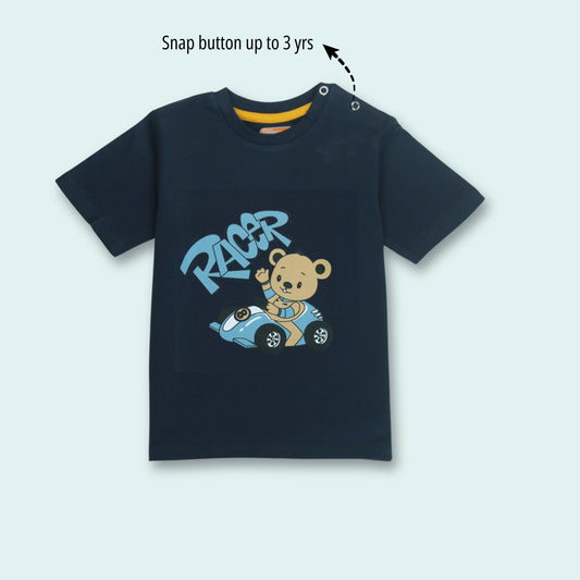 Affordable boys cotton half sleeve T-shirt under 500 with cute bear print in navy blue – front view from Littleseeds™ Kidswear