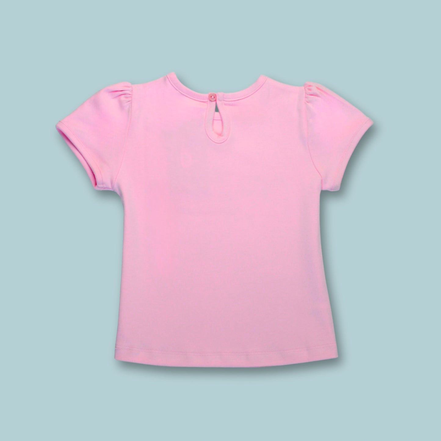 Back view of pink cotton puff sleeve girls T-shirt from Littleseeds Kidswear – part of stylish girlish clothing collection
