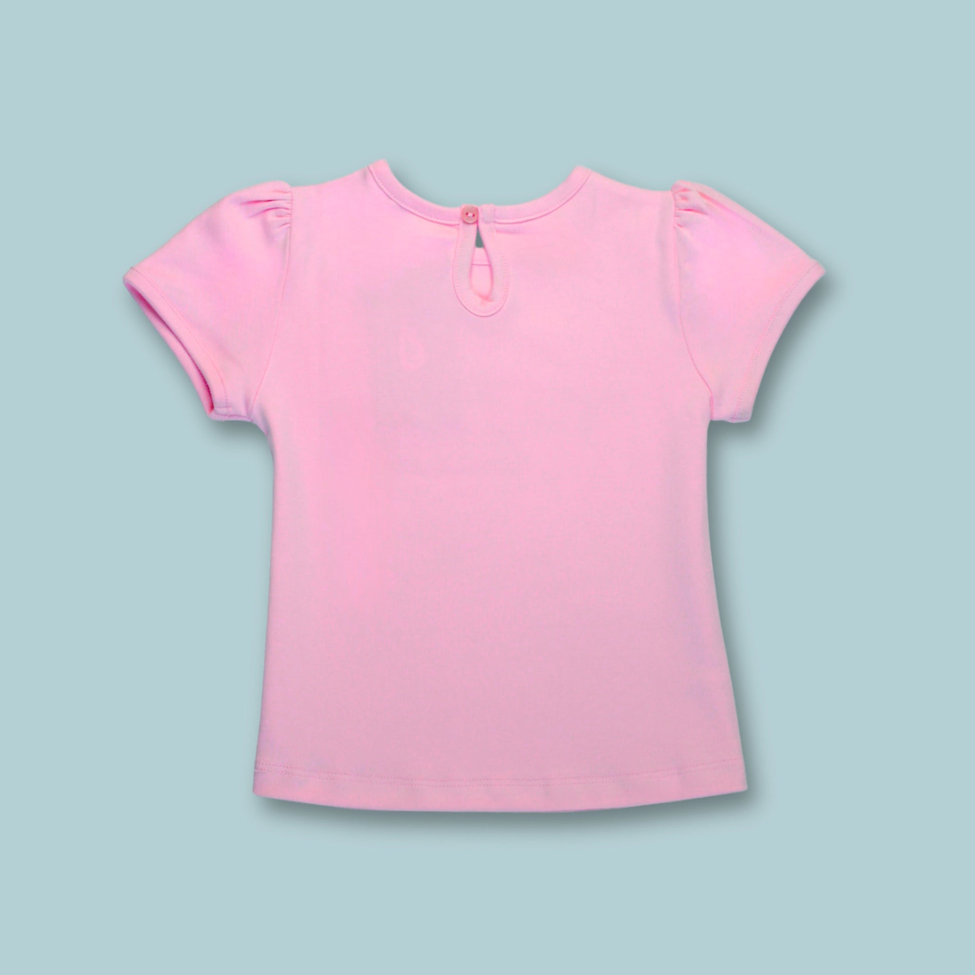 Back view of pink cotton puff sleeve girls T-shirt from Littleseeds Kidswear – part of stylish girlish clothing collection